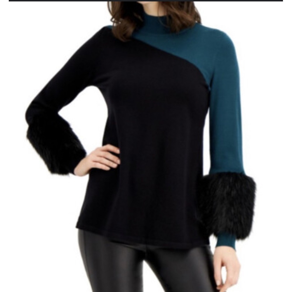 Alfani Large Faux Fur Cuff Color Block Green Black Holiday Sweater mock neck